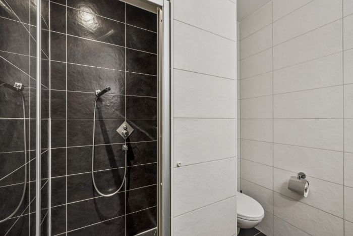 Modernes Badezimmer mit dunkler Dusche und WC